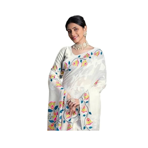 AKHILAM Women's Embroidered Work Organza Saree With Unstitched Blouse Piece - Image 4